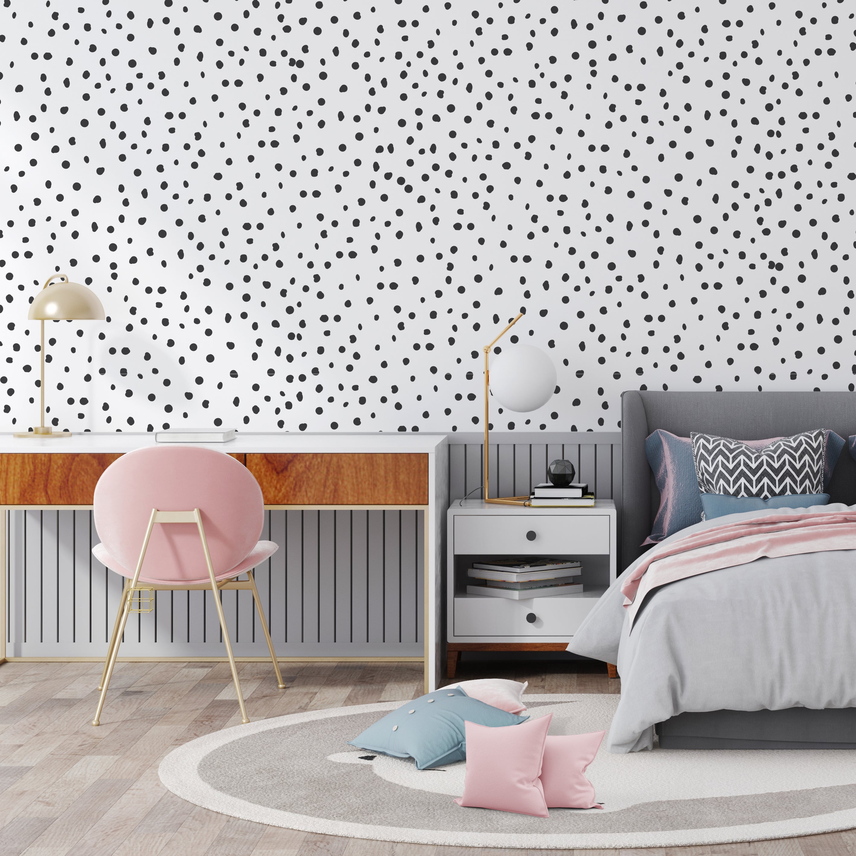 Papel de Parede com Fundo Branco e Bolinhas irregulares Pretas - Decoração de Quarto de Criança ou Adolescente - Decoração Cinza e Rosa
