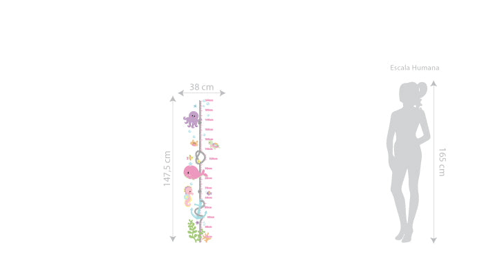 Adesivo de Parede Infantil Medidor REGUINHA FUNDO DO MAR ROSA