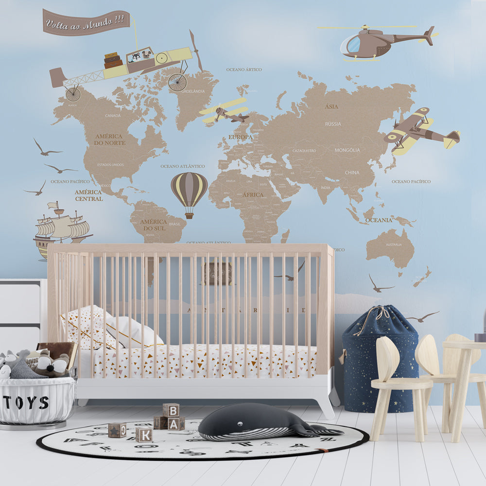 Papel de Parede Adesivo Infantil de Mapa Mundi Azul PEQUENO EXPLORADOR