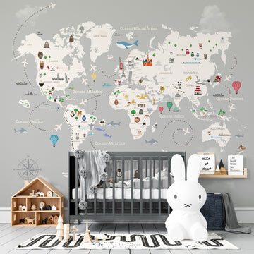 Papel de Parede com Mapa do Mundo Infantil Cinza e Branco FANTASTICO