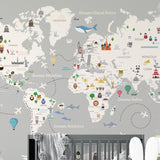 Papel de Parede com Mapa do Mundo Infantil Cinza e Branco FANTASTICO