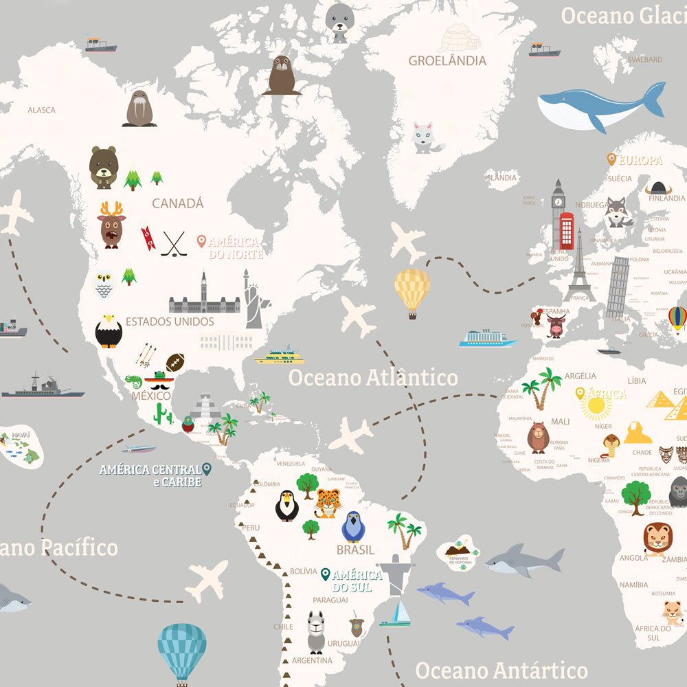Papel de Parede com Mapa do Mundo Infantil Cinza e Branco FANTASTICO