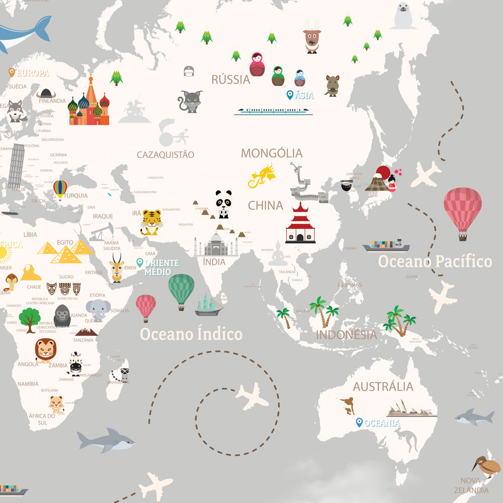 Papel de Parede com Mapa do Mundo Infantil Cinza e Branco FANTASTICO