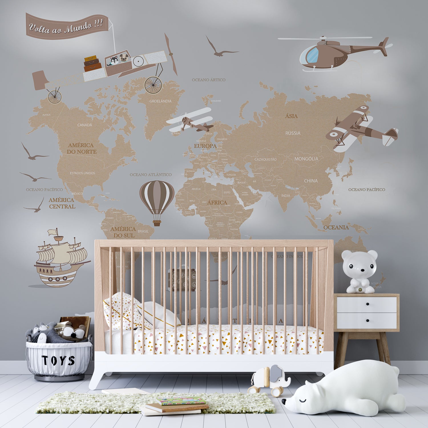 Papel de Parede Adesivo Infantil de Mapa Mundi Cinza PEQUENO EXPLORADOR