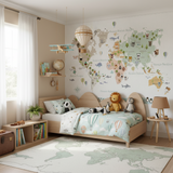 papel de parede infantil com mapa mundi nas cores verde, verde água, bege e marrom