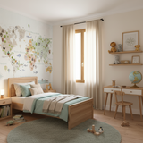 papel de parede infantil com mapa mundi nas cores verde, verde água, bege e marrom