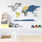 Adesivo de Parede Infantil com Mapa MUNDO DISCOVERY AZUL, AMARELO E CINZA