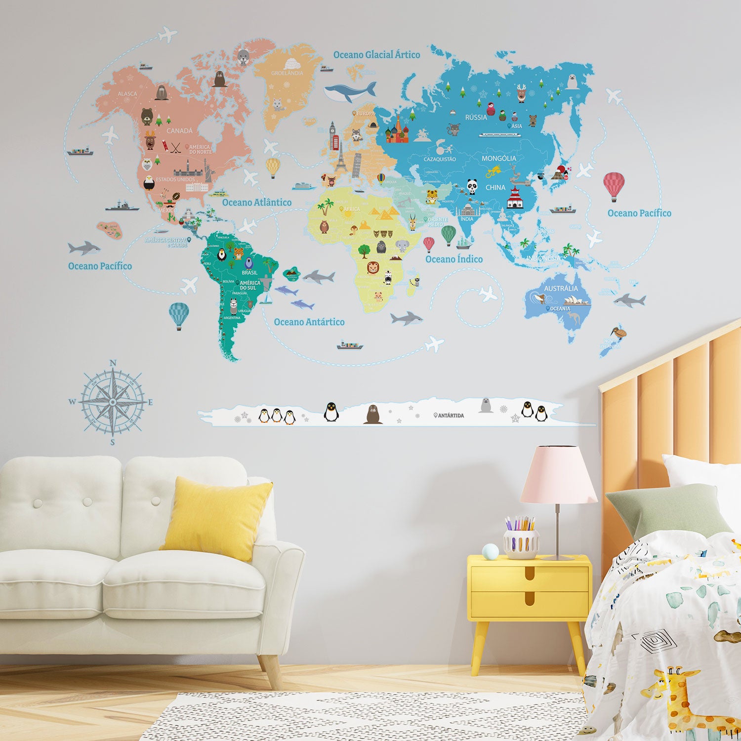 Adesivo Decorativo de Parede Infantil com Mapa MUNDI TRAVEL