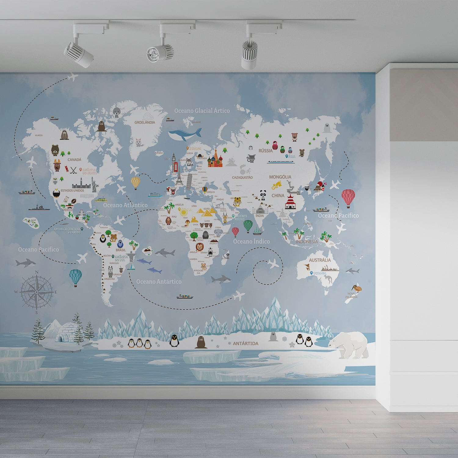 Papel de Parede com Mapa Mundi Infantil FANTÁSTICO BLUE
