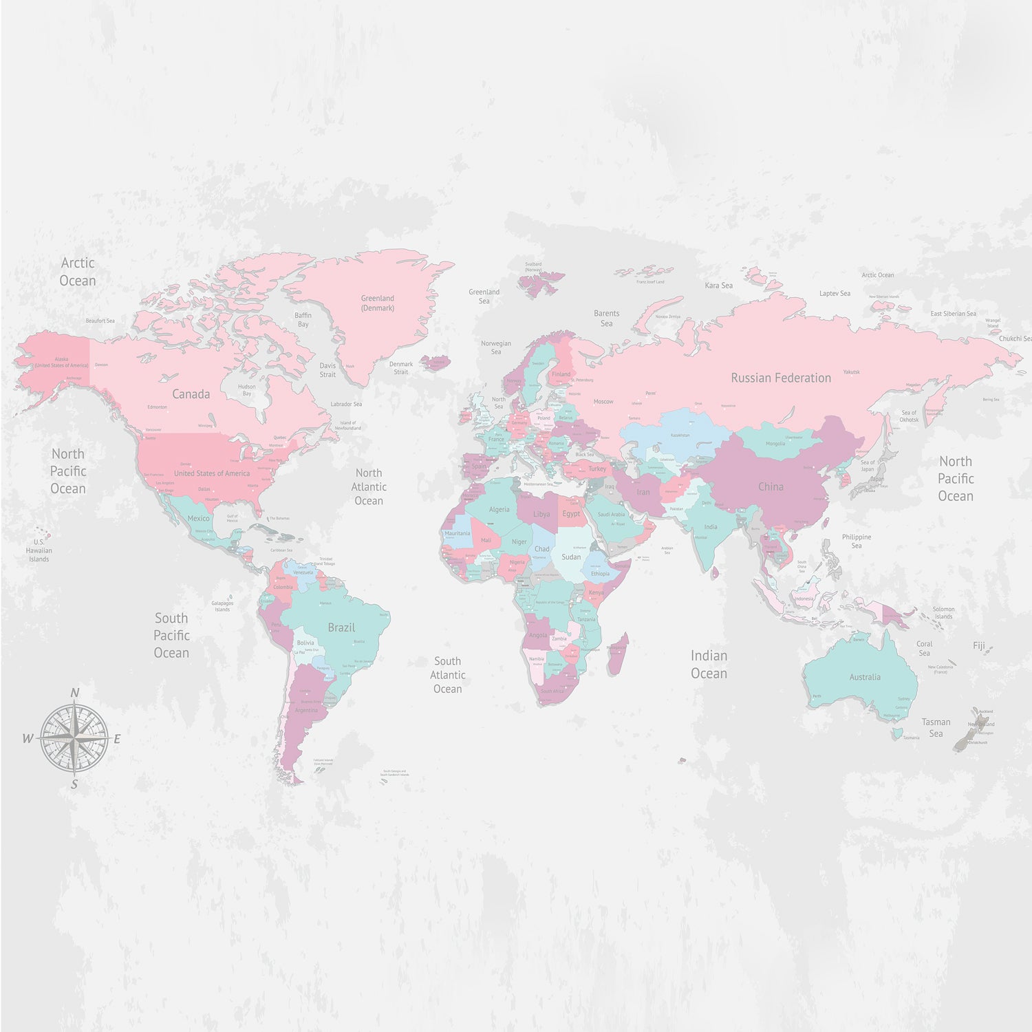 Papel de Parede com Mapa Mundi Rosa, Cinza e Verde STIXX