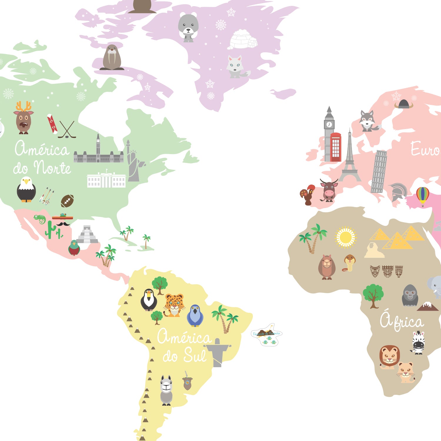 Adesivo Decorativo de Parede Infantil com Mapa MUNDO DISCOVERY CANDY COLORS Cores Pastéis