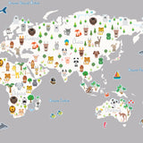 Adesivo Decorativo de Parede Infantil com Mapa MUNDI BICHOS