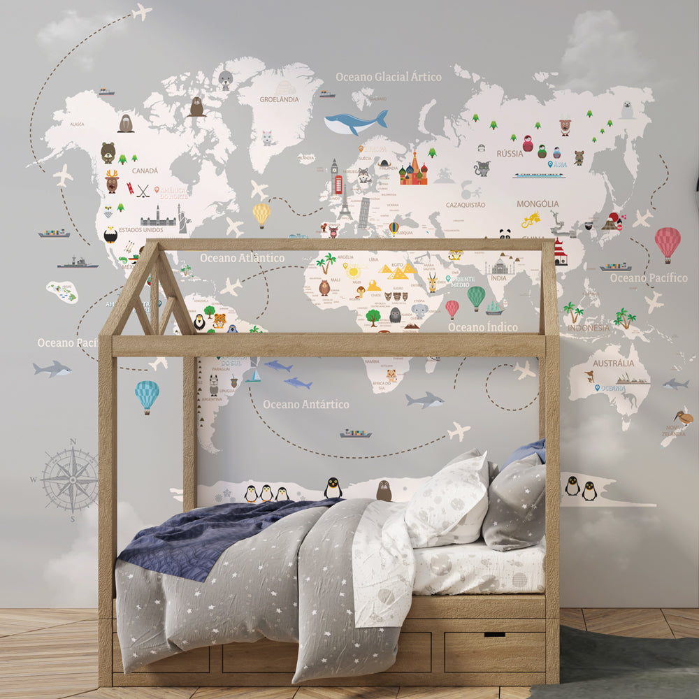 Papel de Parede com Mapa do Mundo Infantil Cinza e Branco FANTASTICO