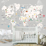 Papel de Parede com Mapa do Mundo Infantil Cinza e Branco FANTASTICO